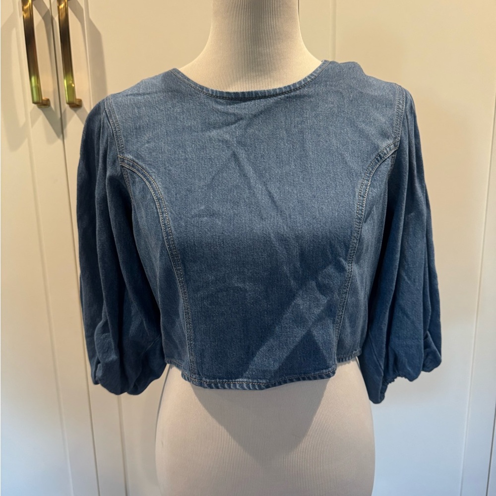 7 For All Mankind Blue Denim Blouse, Cropped, Large, New